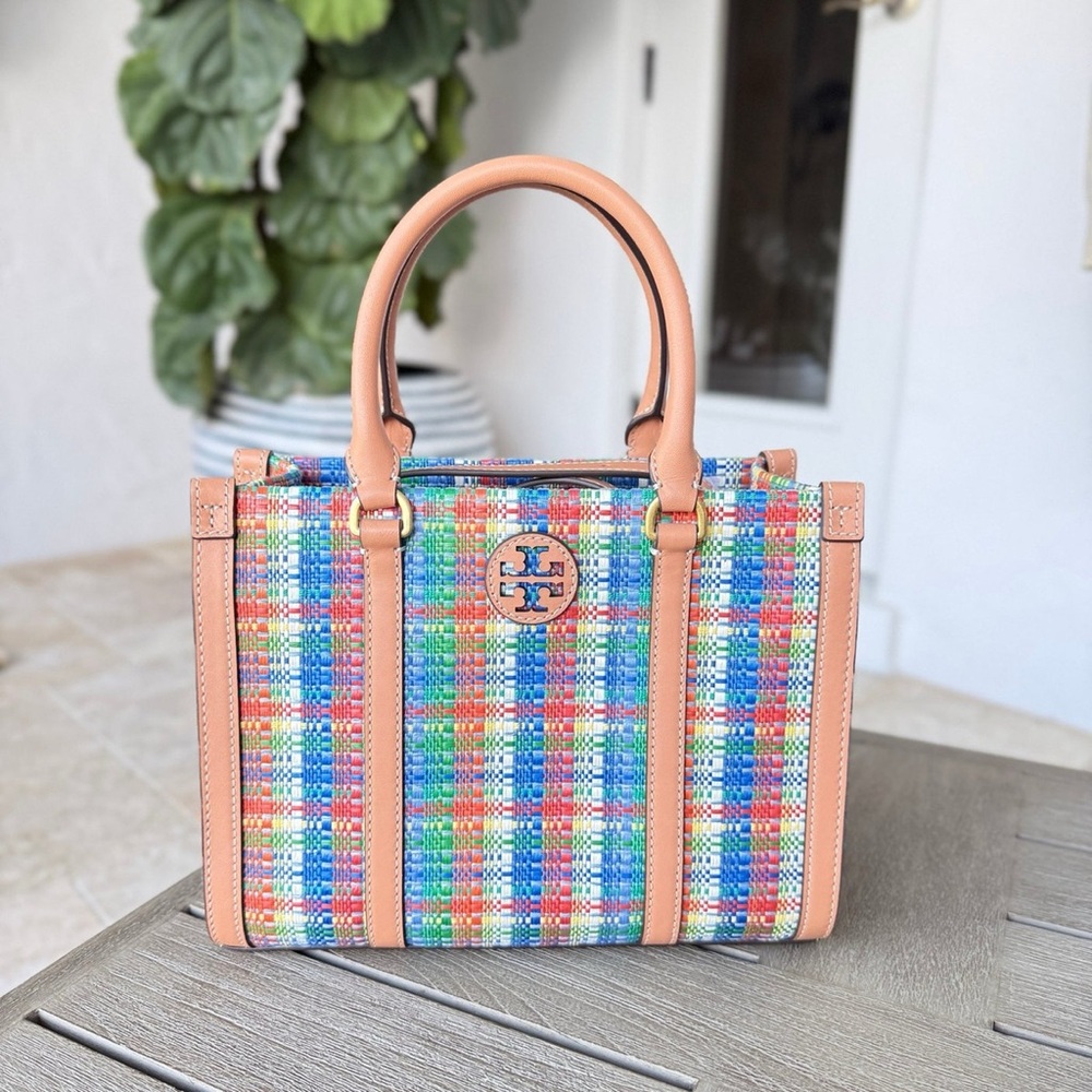 New Tory Burch Blake Plaid Multicolor Poly Woven Women's Mini Tote Bag